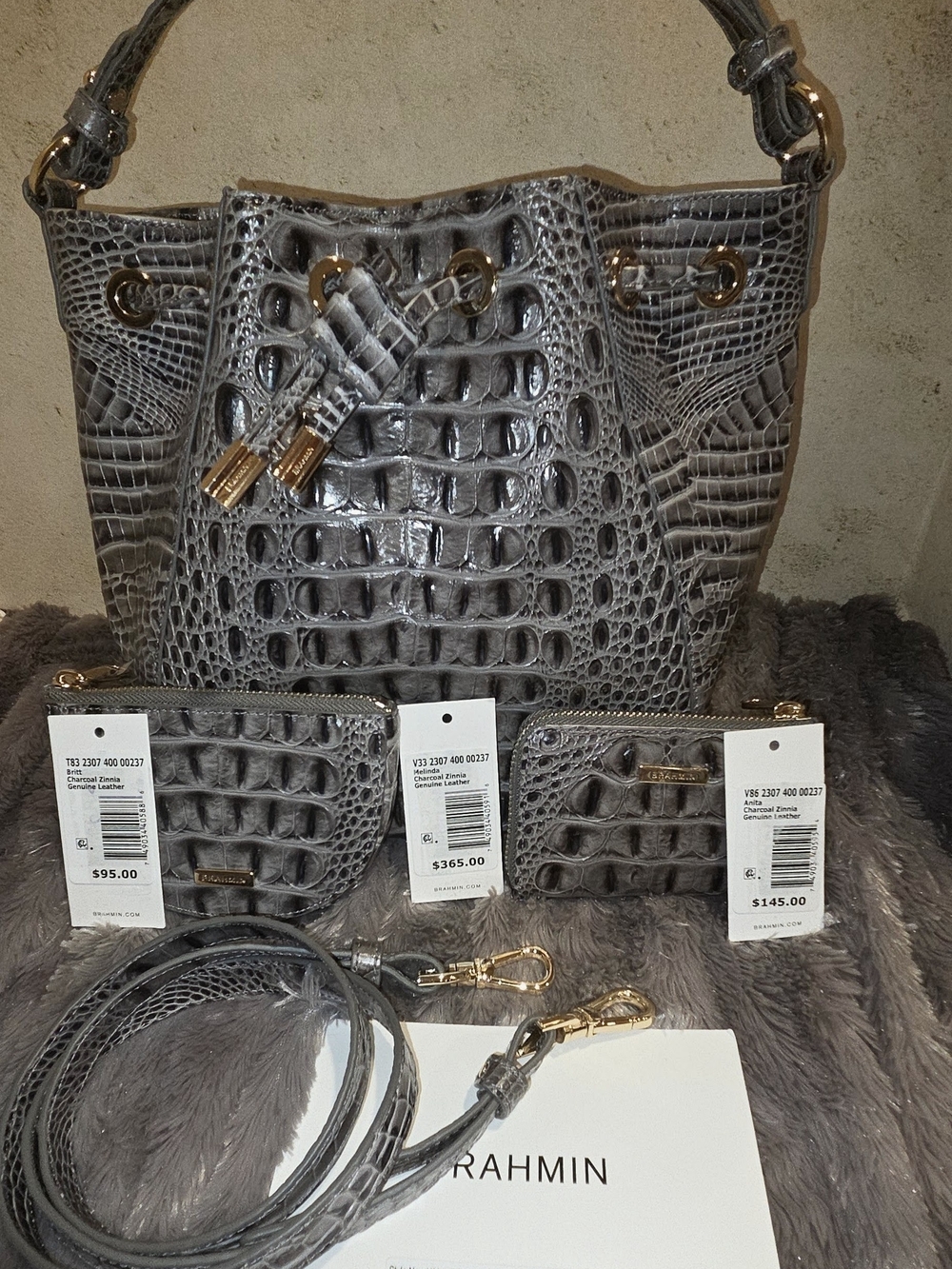 Brahmin Melinda Croc-Embossed Bucket Bag in Grey Plus 2 Additional Accessories - Picture 8 of 9